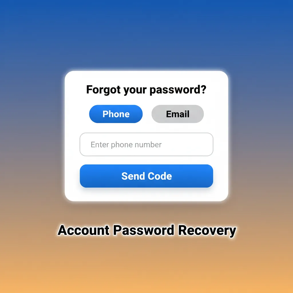 Account Password Recovery guide: Forgot password, reset via email or phone, verify code, set new password.