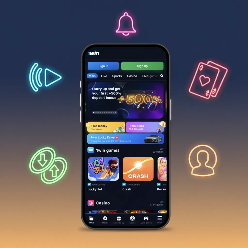 1win app UI with live betting odds, compact scoreboard, casino games, fast deposits/withdrawals, bet slip, and alerts.