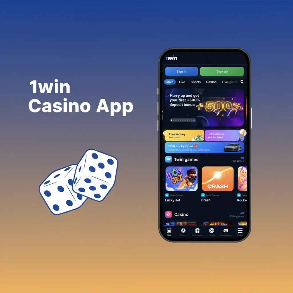 1win Casino app screen with casino and sports tabs, live dealer tables, slots, promos; providers NetEnt, Evolution, Ezugi.
