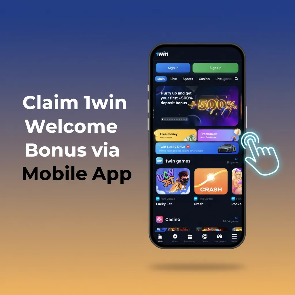Smartphone showing 1win app with welcome bonus steps, Android and iOS icons, register, deposit $10, claim and play.