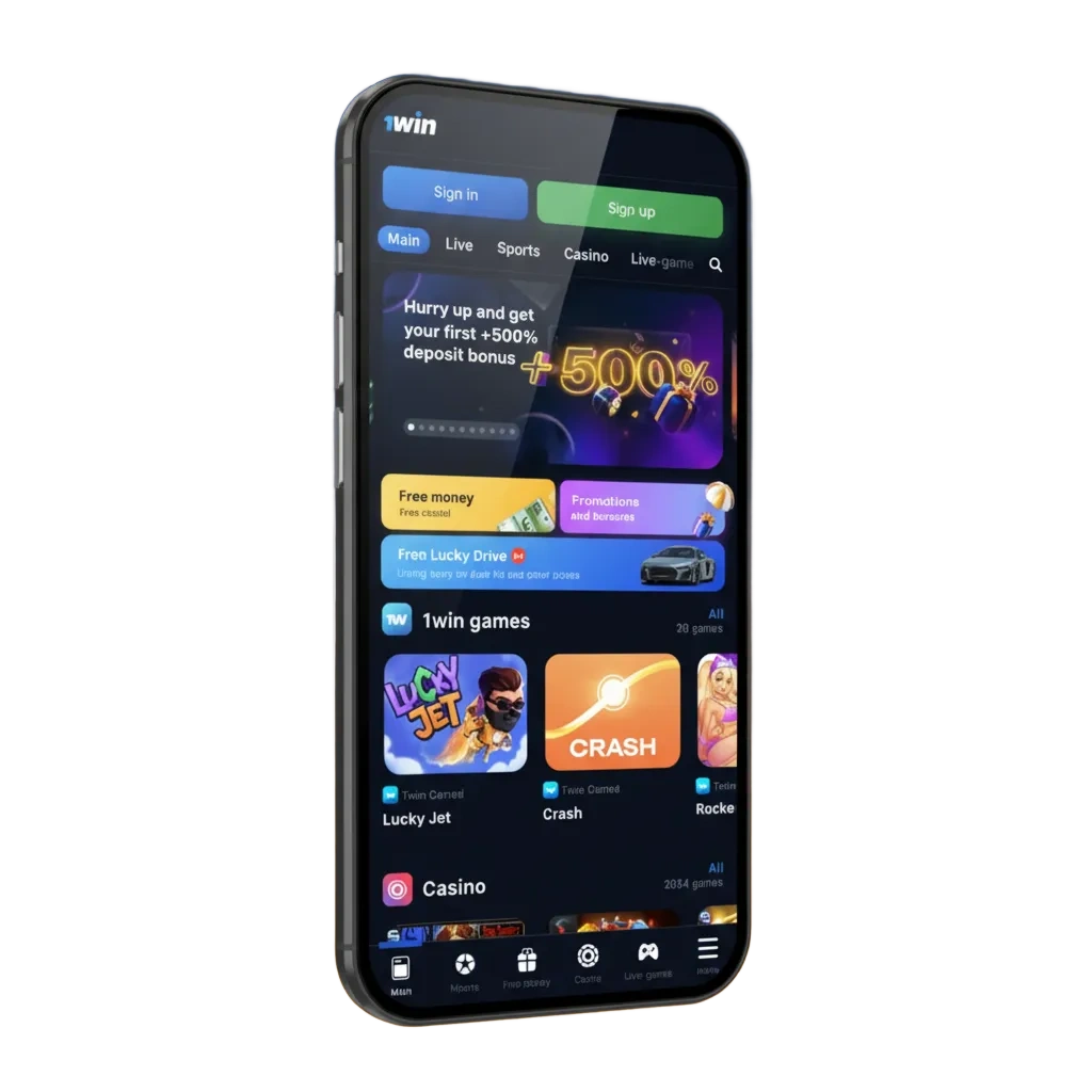 iPhone showing 1win iOS app promo with sports betting, casino games, and 500% bonus up to $2000. Download latest version.