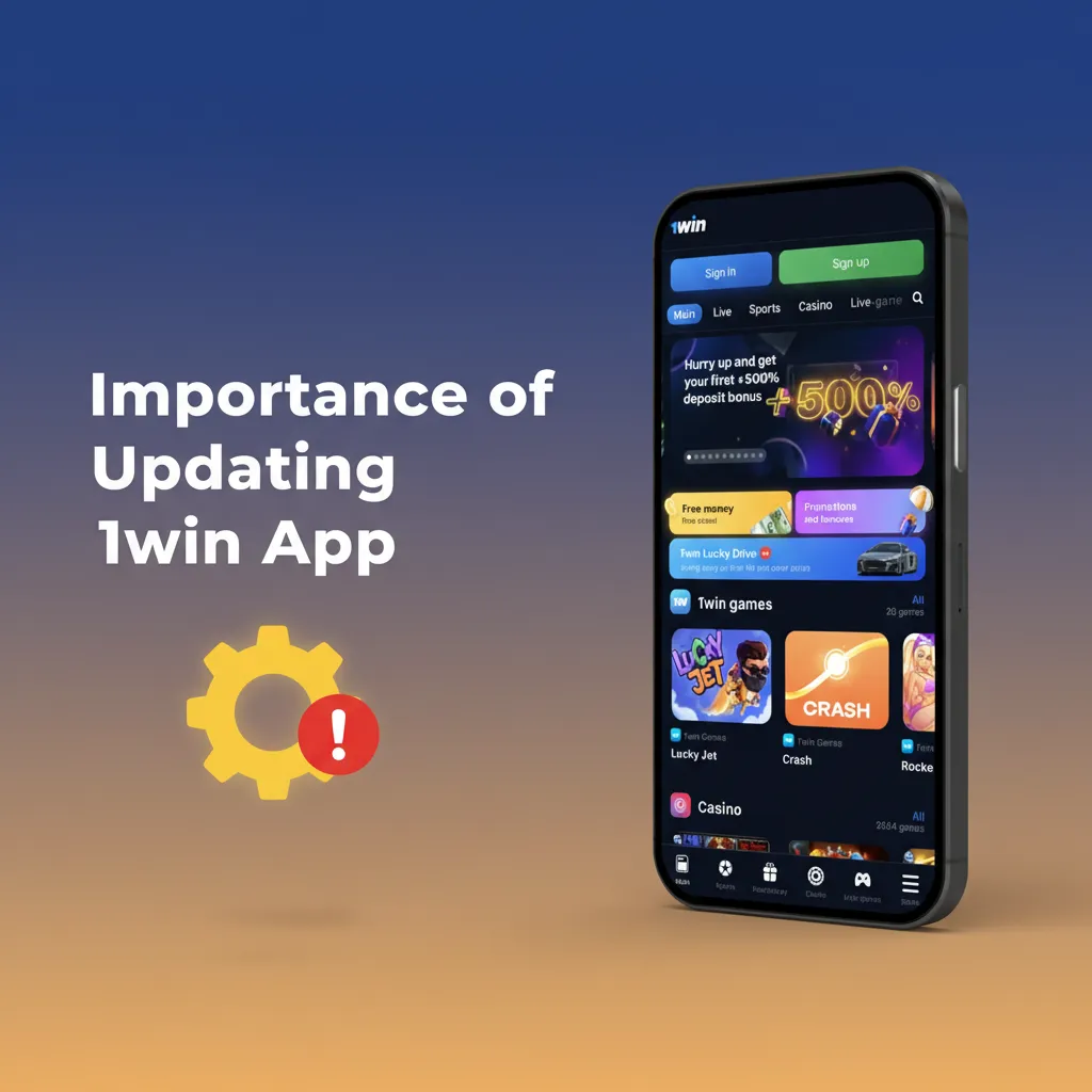 Phone showing 1win app update with shield, bug, and live stream icons, for security, stability, and new betting features.