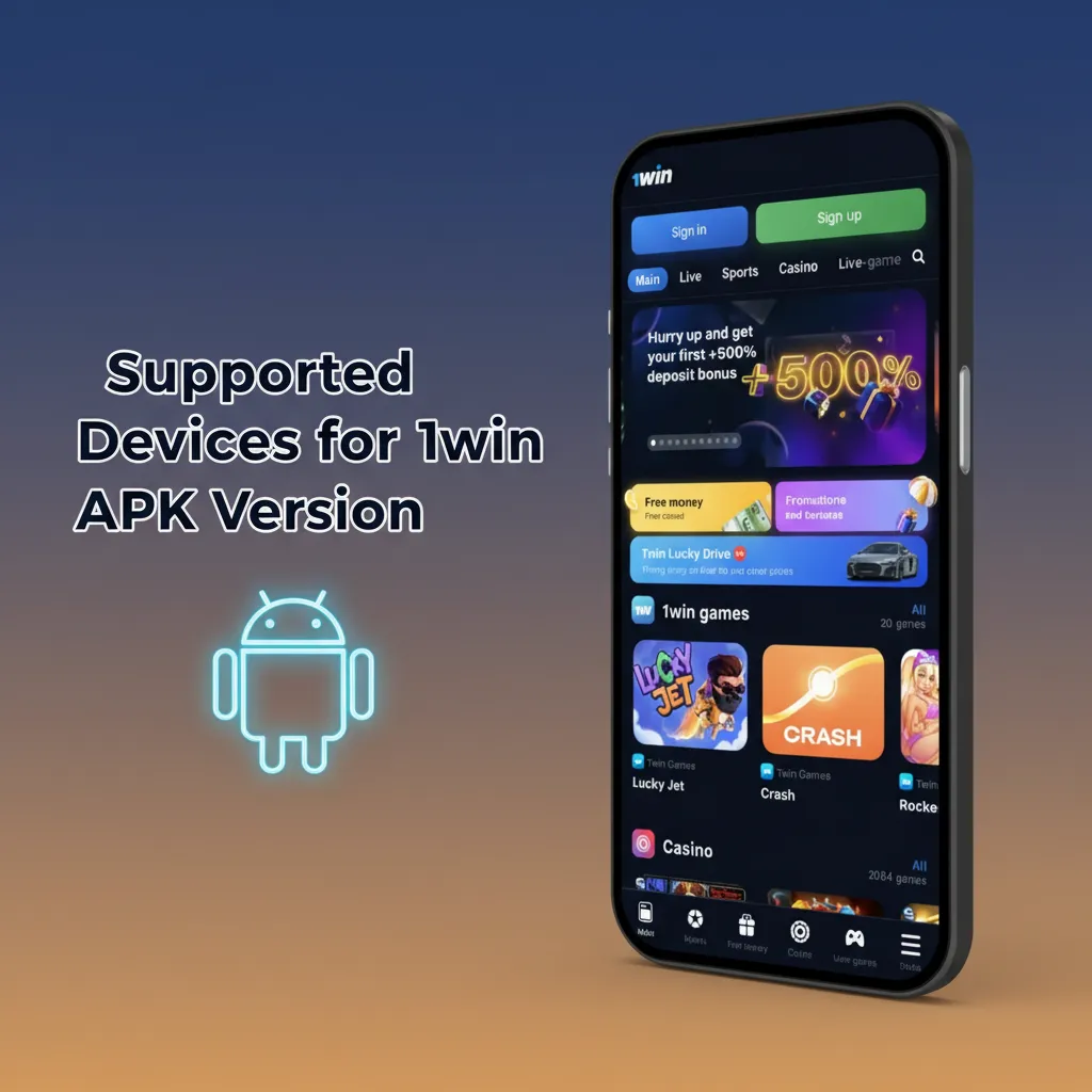 1win APK supported devices: Samsung, Sony, Huawei, OnePlus, Vivo, Google, Xiaomi, Oppo, Poco; Android 6+. Huawei may need GMS