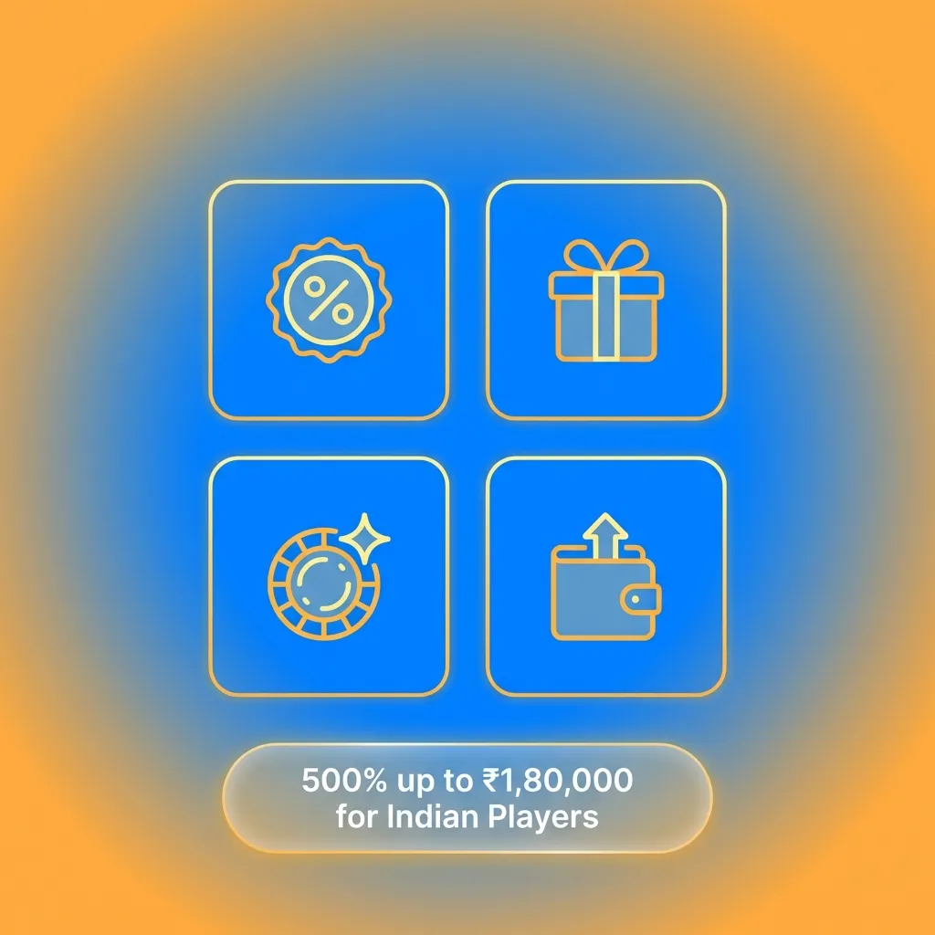 Indian casino welcome bonus package showing 500% match up to ₹1,80,000 across four deposits with UPI and Paytm options