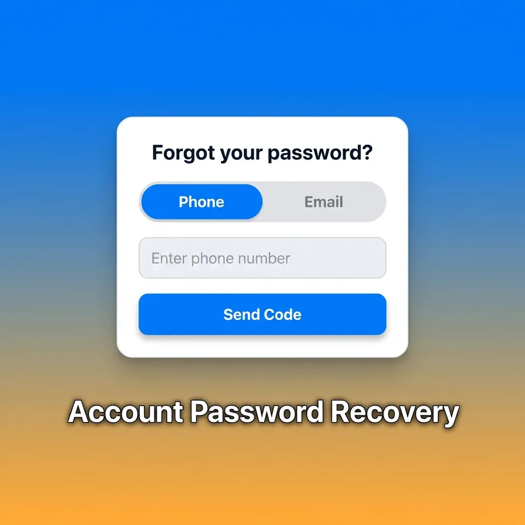 Password recovery process showing steps to reset account access using email or phone verification