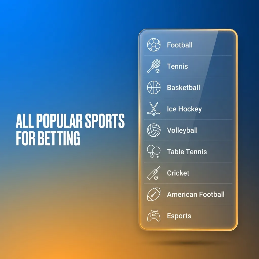 Colorful sports icons including cricket bat, football, basketball, and tennis racket representing betting options