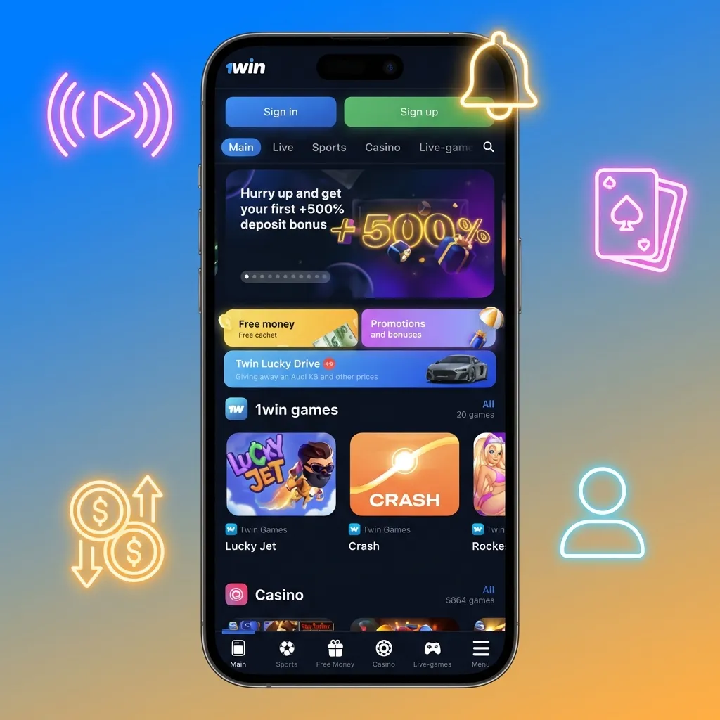 1win app interface showing sports betting, live casino games, and secure payment options for Indian users
