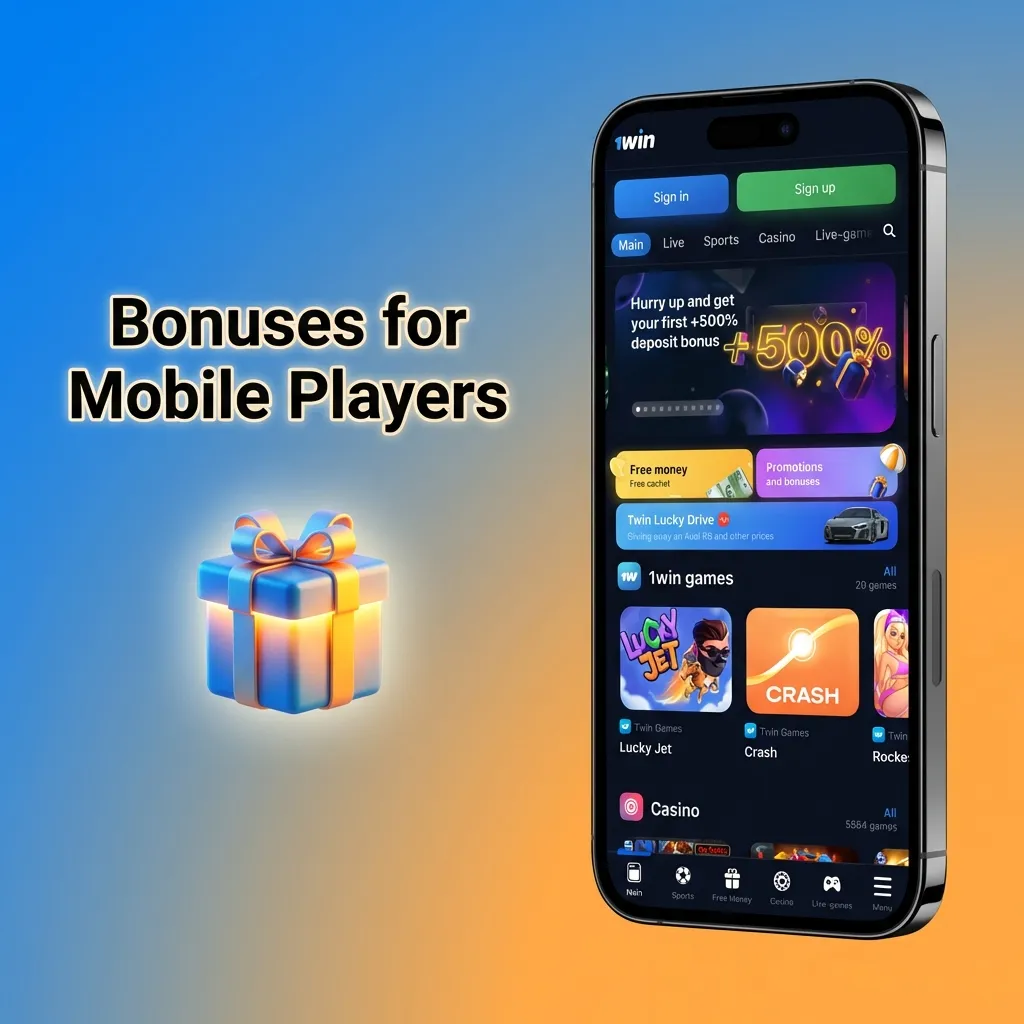 Mobile betting app showing bonus offers including 500% welcome bonus and weekly promotions for sports and casino games