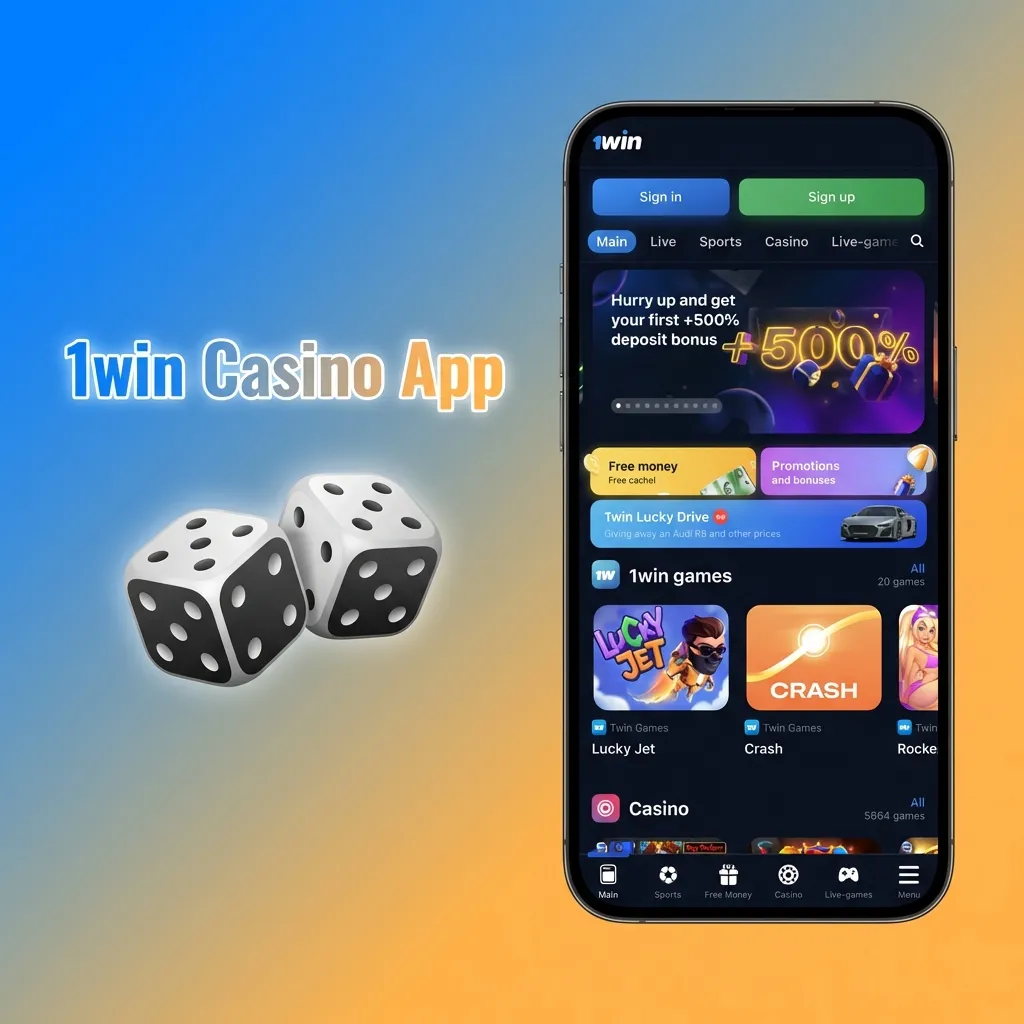1win Casino App interface showing slots, table games, and live dealer options from top gaming providers