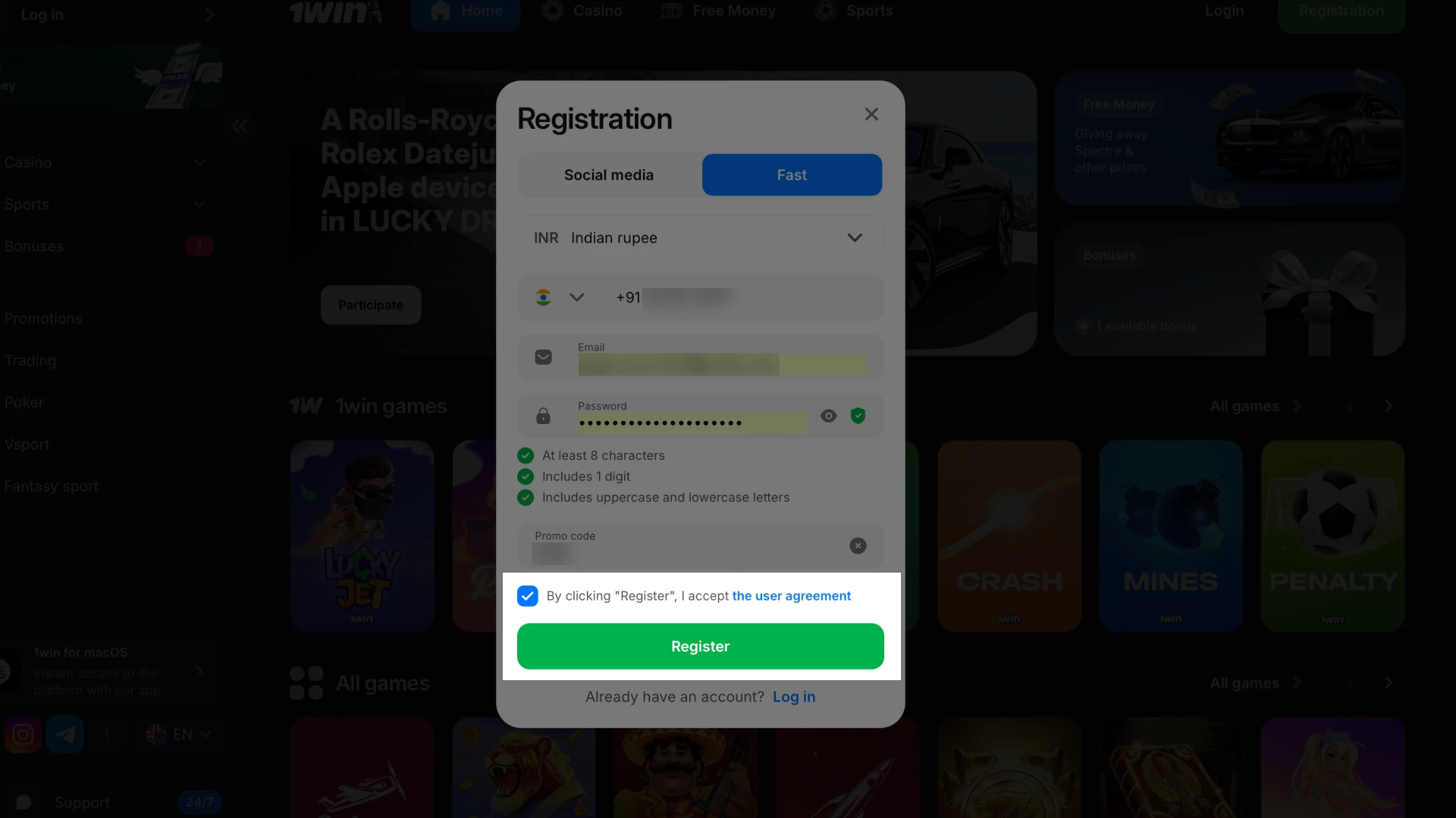 Send the completed registration form to 1win and join the action.