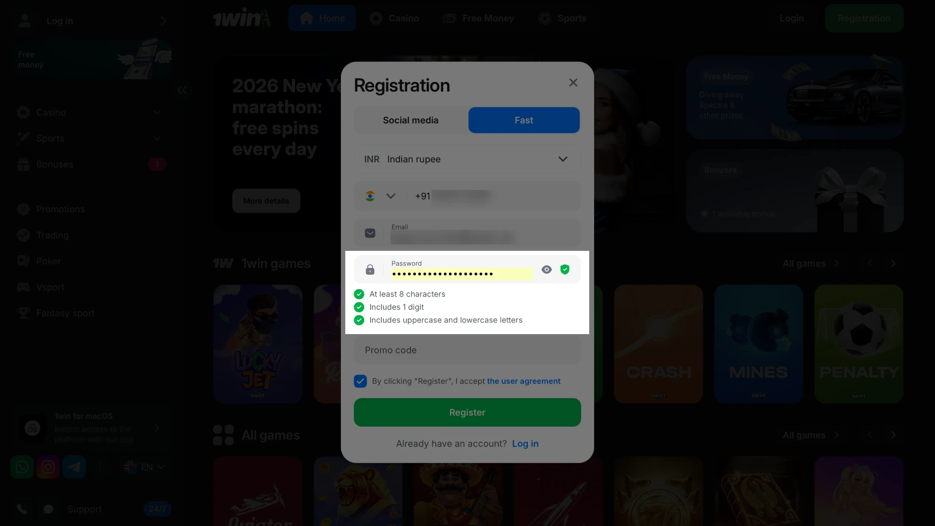 Provide your personal details for 1win registration and secure your account.