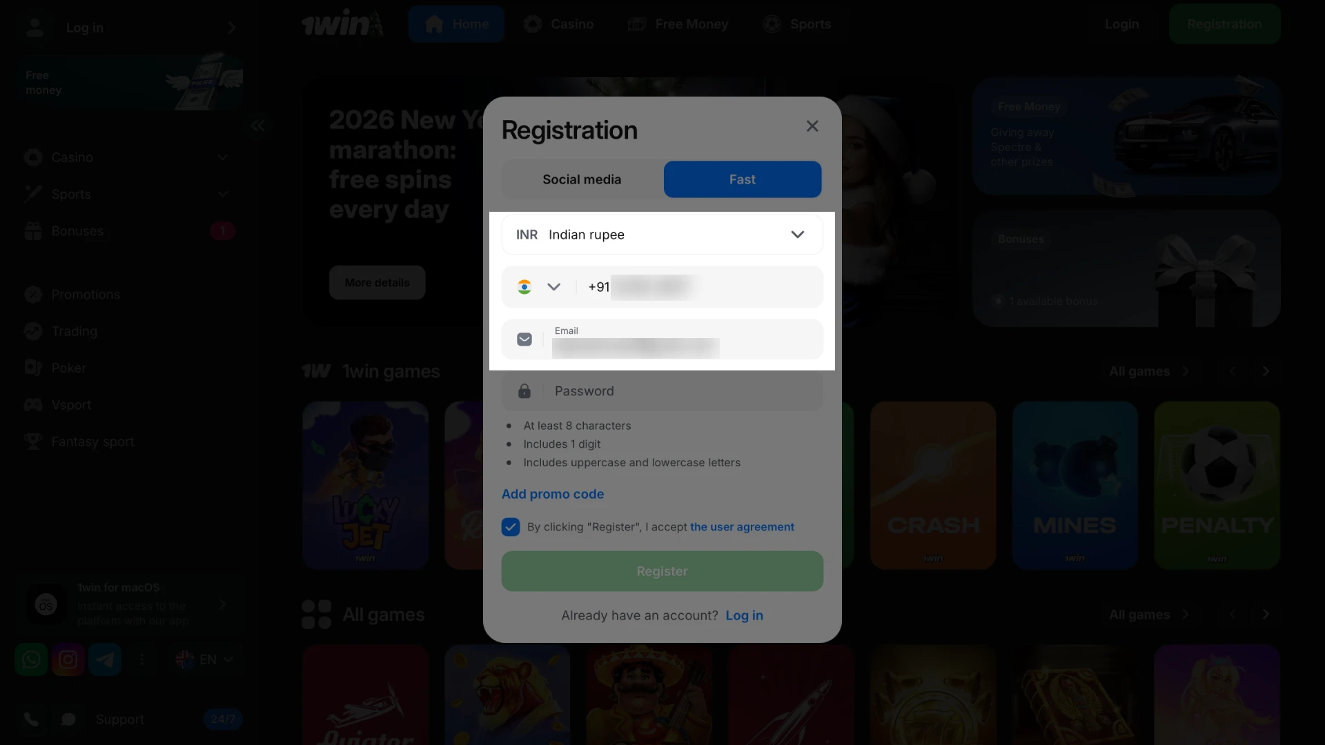 Choose the Registration method that suits you best at 1win.