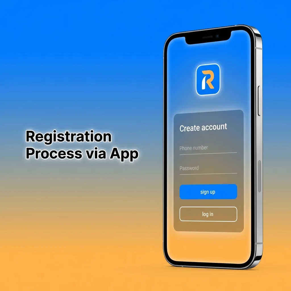 Mobile app registration screen showing sign-up steps with phone number, email, and promo code entry fields