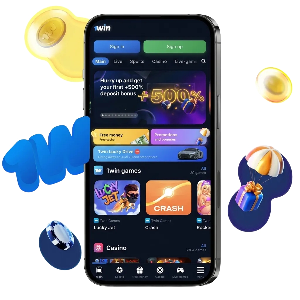 1win mobile app download screen showing Android APK and iOS options with betting and casino features