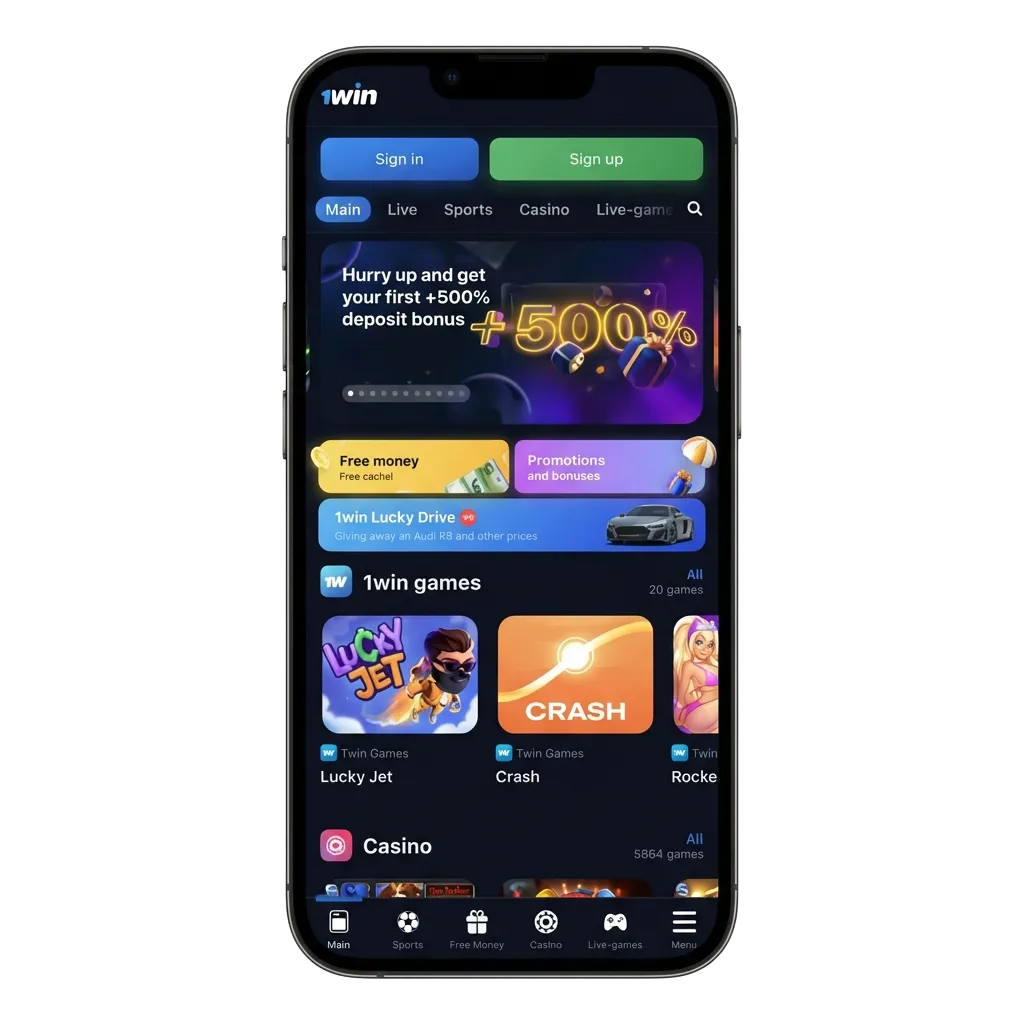 1win iOS app interface showing betting markets and casino games with Indian payment options on iPhone screen