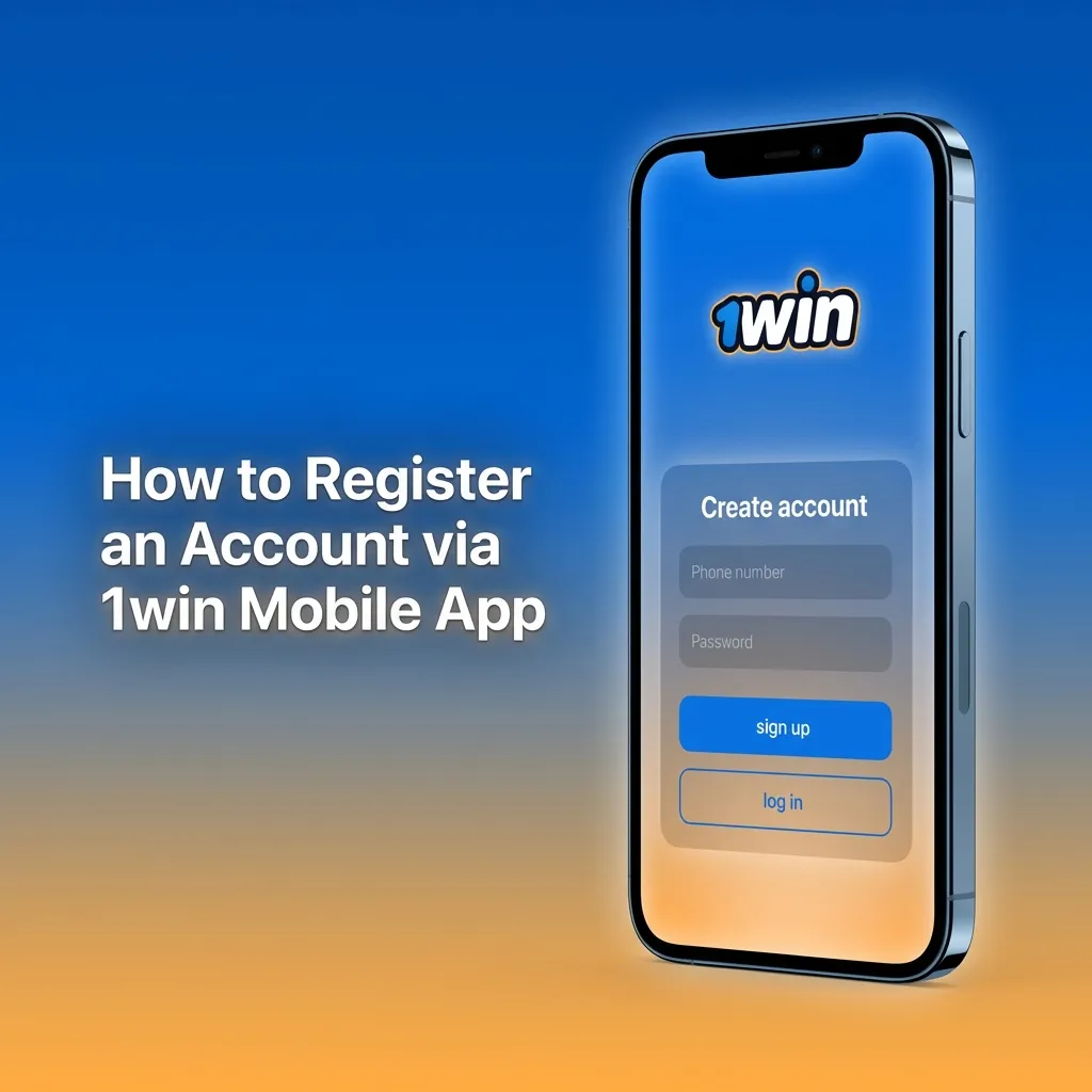 1win mobile app registration screen showing sign-up form with fields for mobile number, email, and password