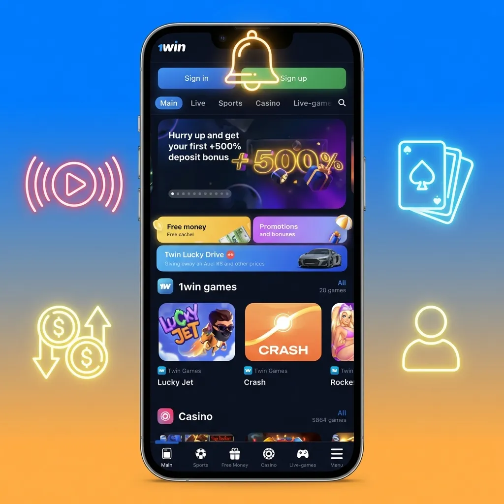 1win mobile app interface showing sports betting, casino games, and Indian payment options for players