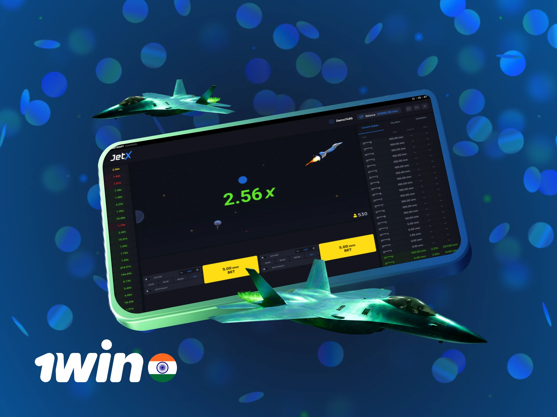 Launch the JetX demo mode at 1win for free practice.