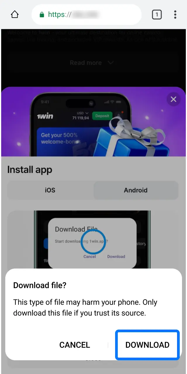 Accept the request to save the 1win APK file to your local device storage.