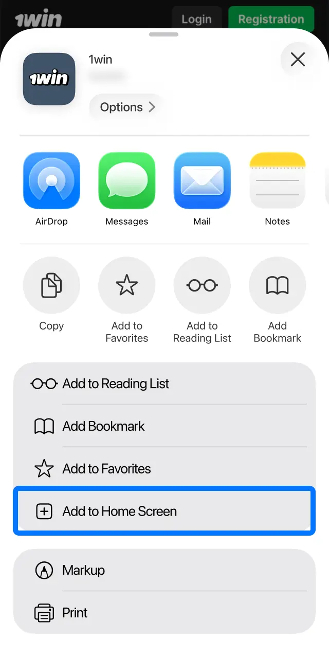 Select the Add to Home Screen option with the plus symbol from the Safari actions list.