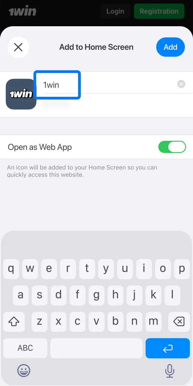 Type 1win into the text field to name the shortcut on your iPhone home screen.