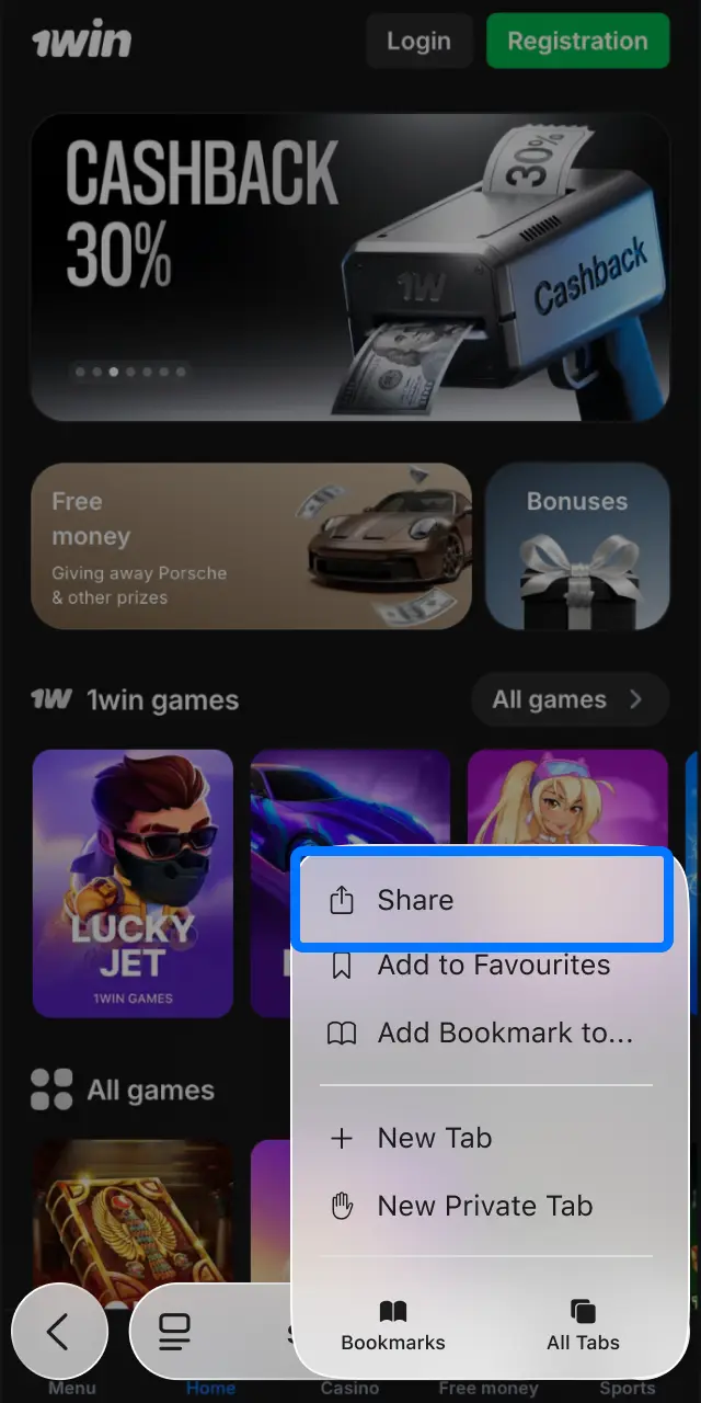 Find the share icon with a square and arrow at the bottom of the Safari screen.