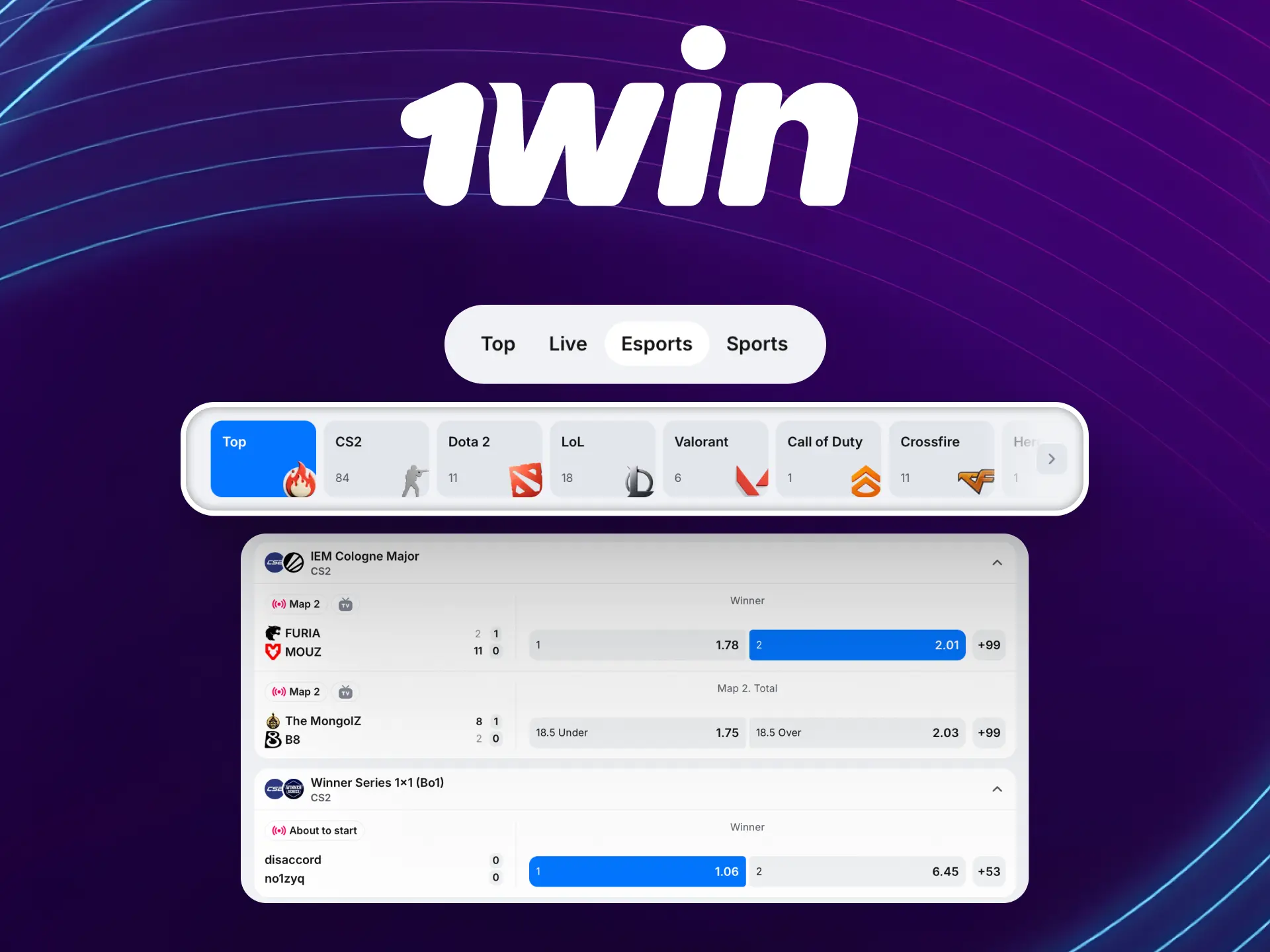 eSports betting on 1win Global with CS2, Dota 2, League of Legends, and Valorant.