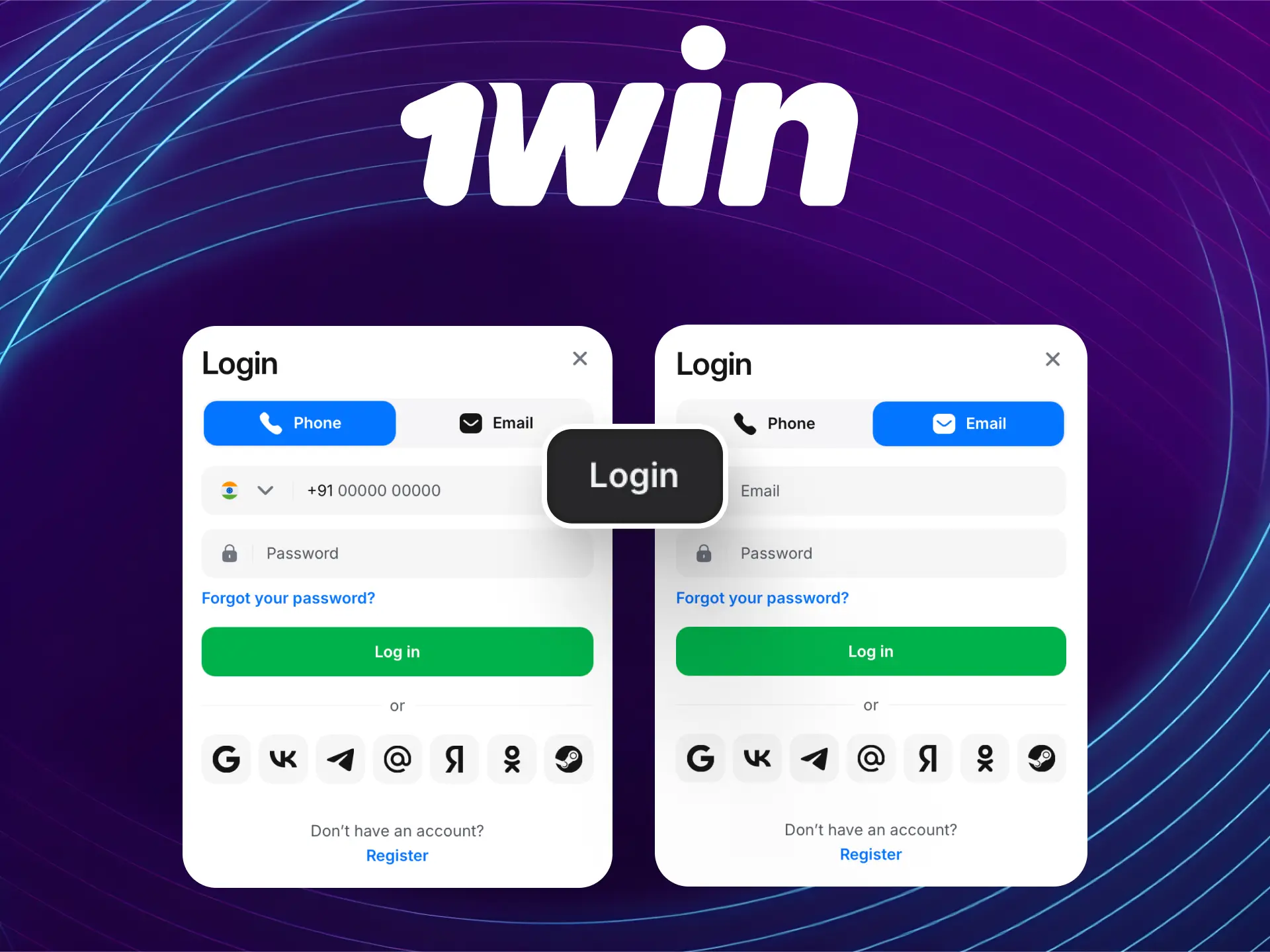 Log in to your 1win Global account using your email or phone number and password.