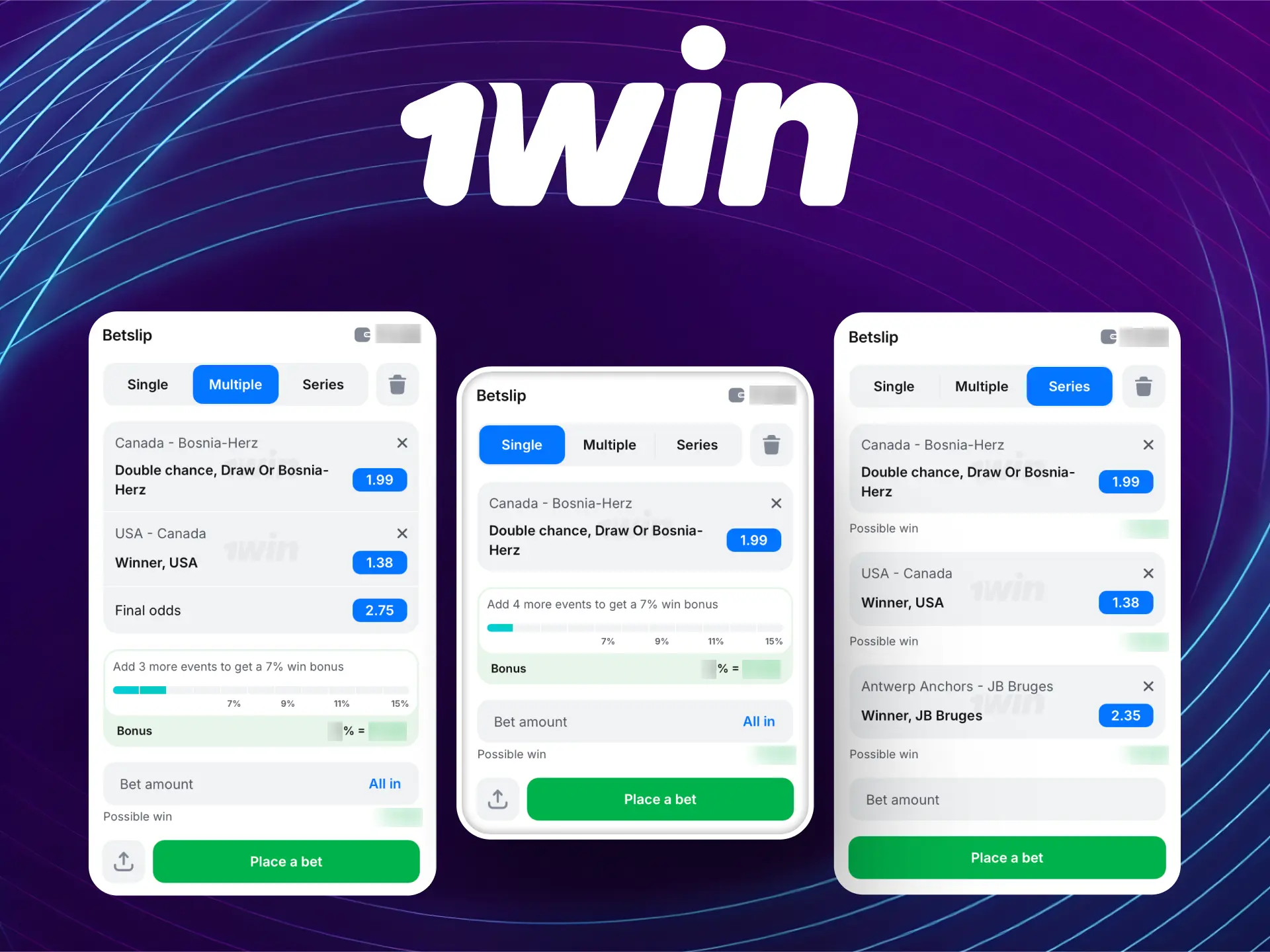 Types of bets on 1win Global including singles, accumulators, and system bets.