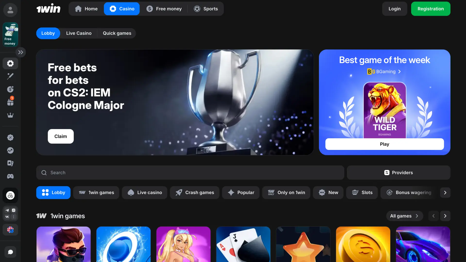 Casino lobby on 1win Global with slots, table games, and live dealers.