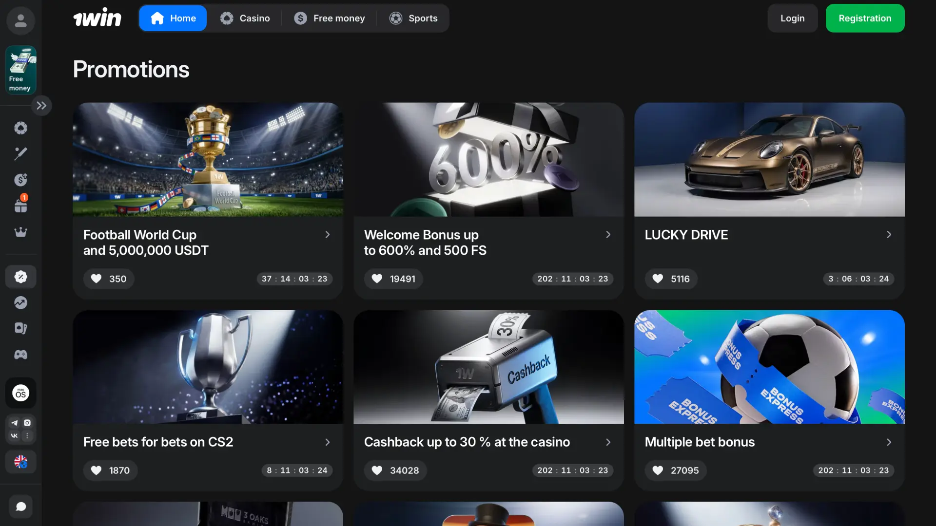 Promotions page on 1win Global with welcome bonuses and special offers.