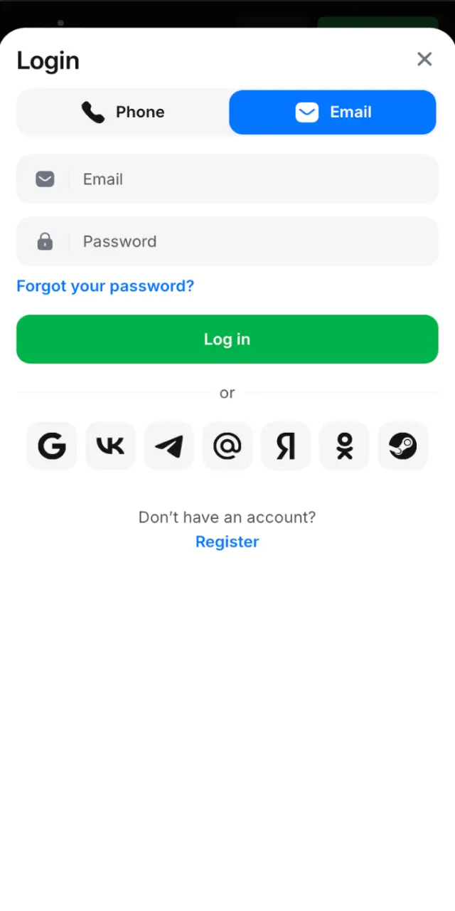 Tap the login button on the 1win app home screen to open the authentication form.