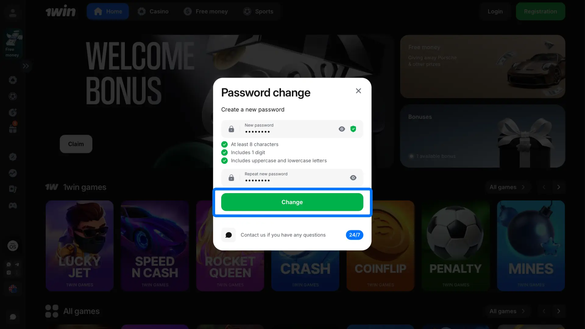Log in to your 1win account using your new credentials to resume betting and playing.