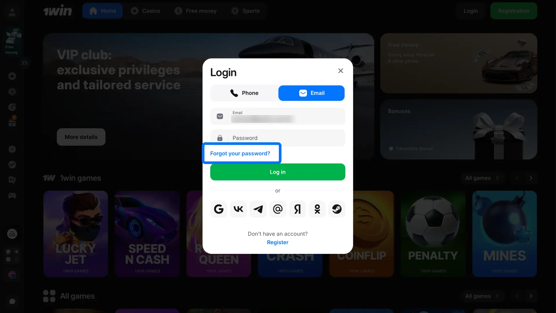 Click the Forgot Password link on the 1win login page to start resetting your password.