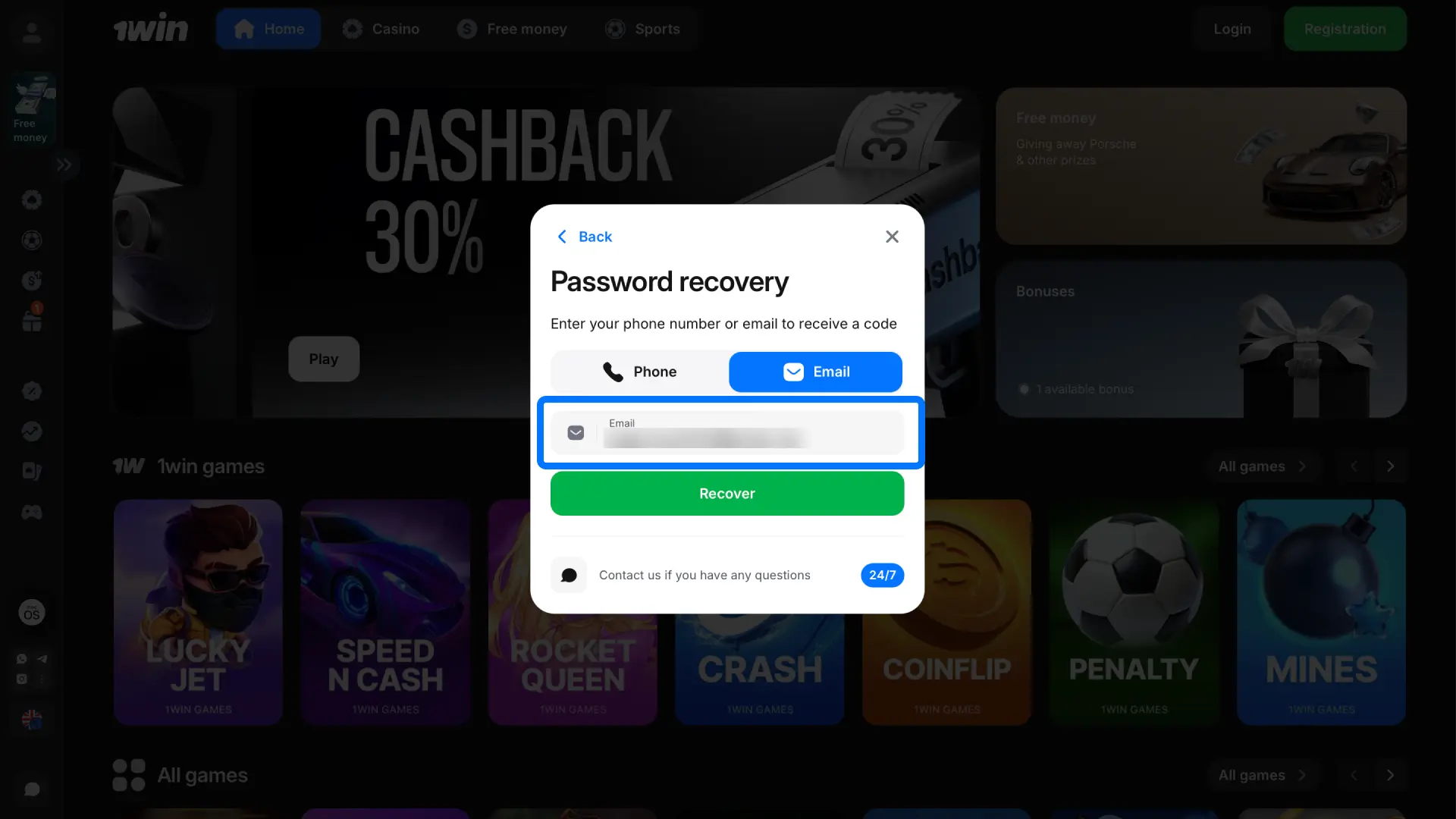 Enter your registered email or phone number on 1win to receive a password reset link.