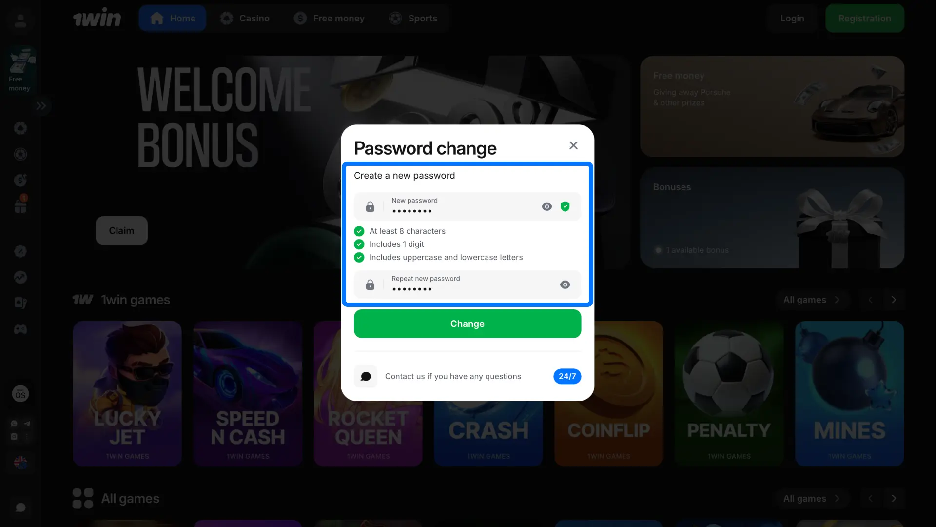 Follow the link from 1win and create a new strong password for your account.