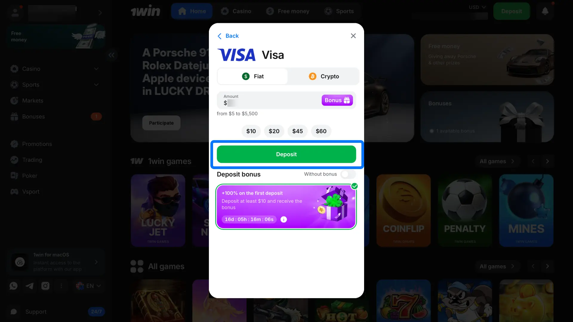 Choose a payment method on 1win and add funds to your balance for real play.