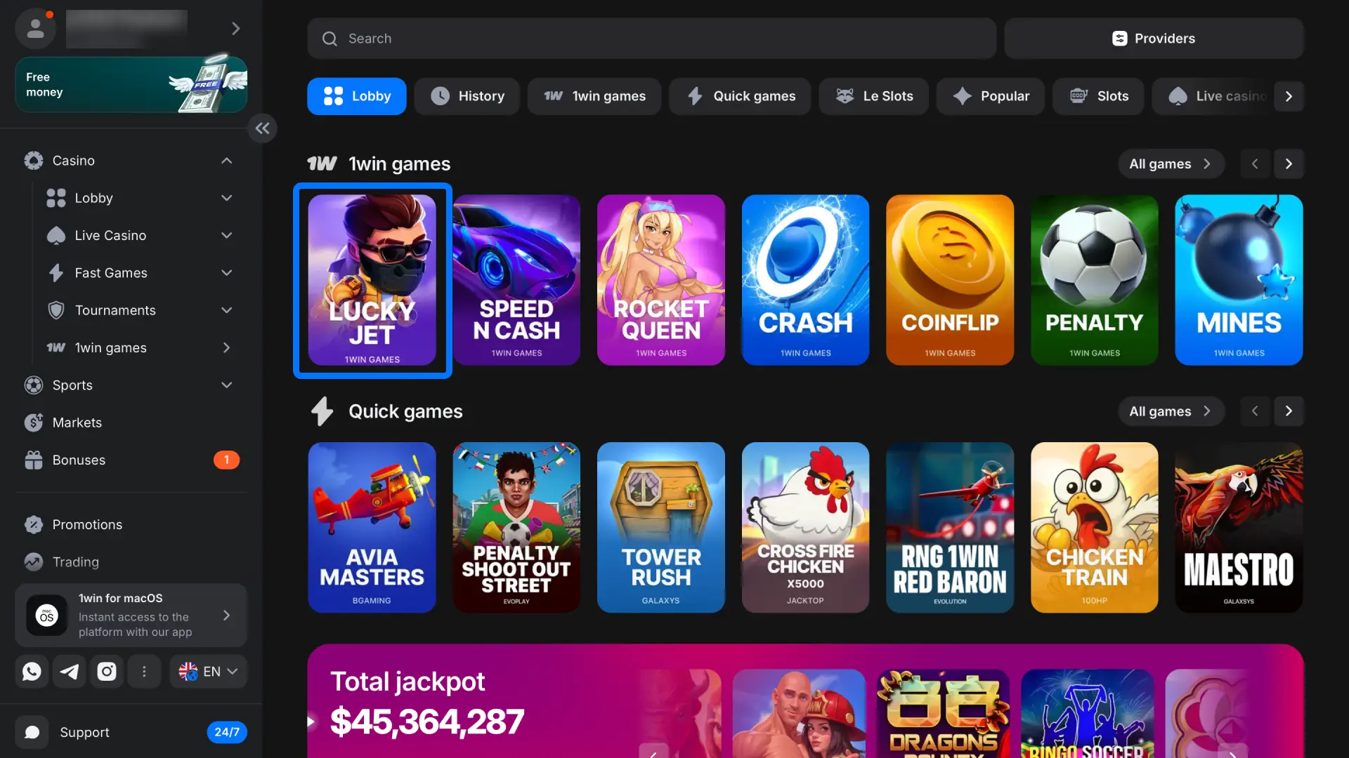 Browse the casino section on 1win and select any slot or table game you like.