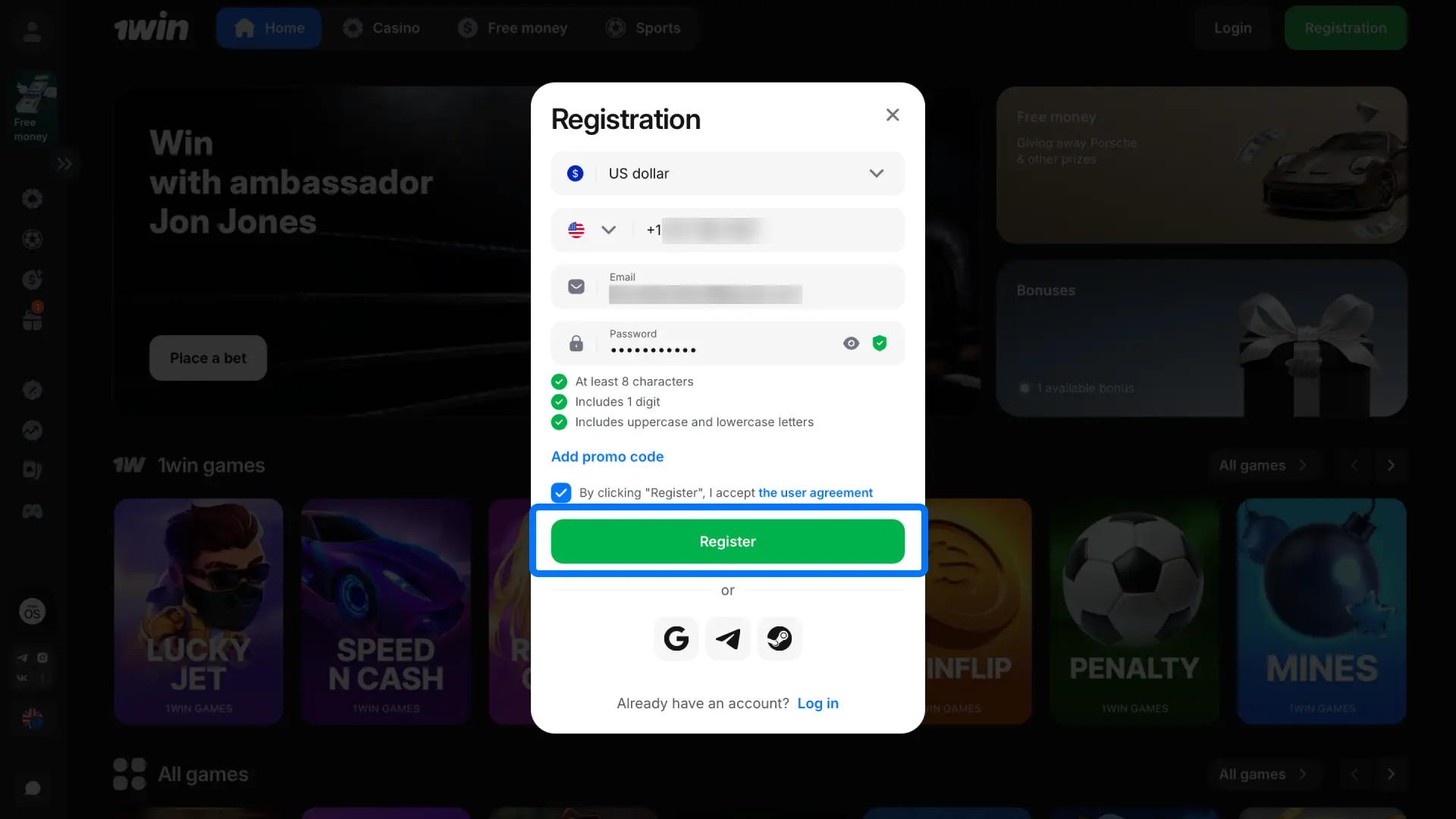 Enter your login details to access your personal account area on 1win.