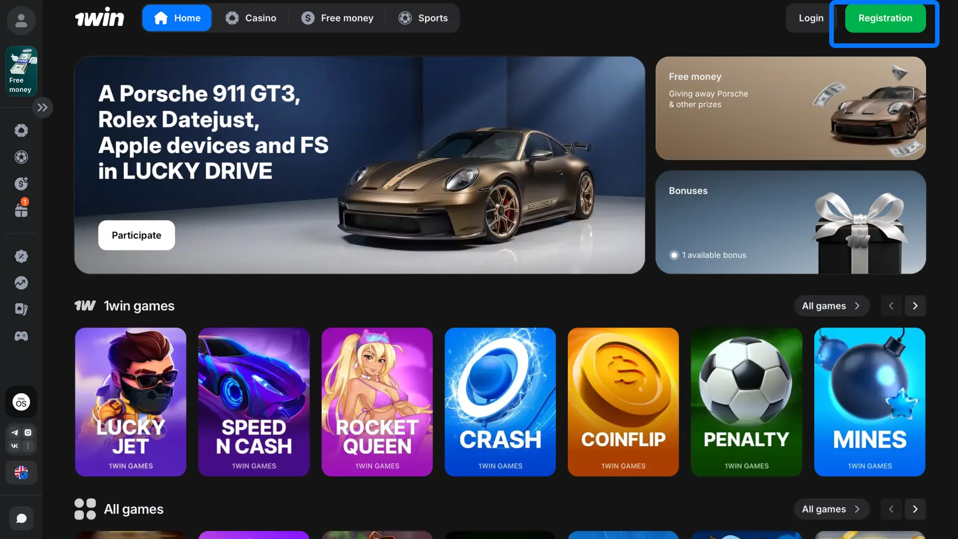 Click the registration button at the top of the 1win homepage to open the sign-up form.