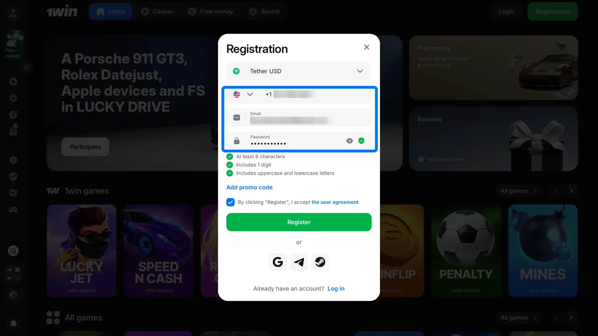 Enter your phone number, email, and a strong password to complete your 1win registration.