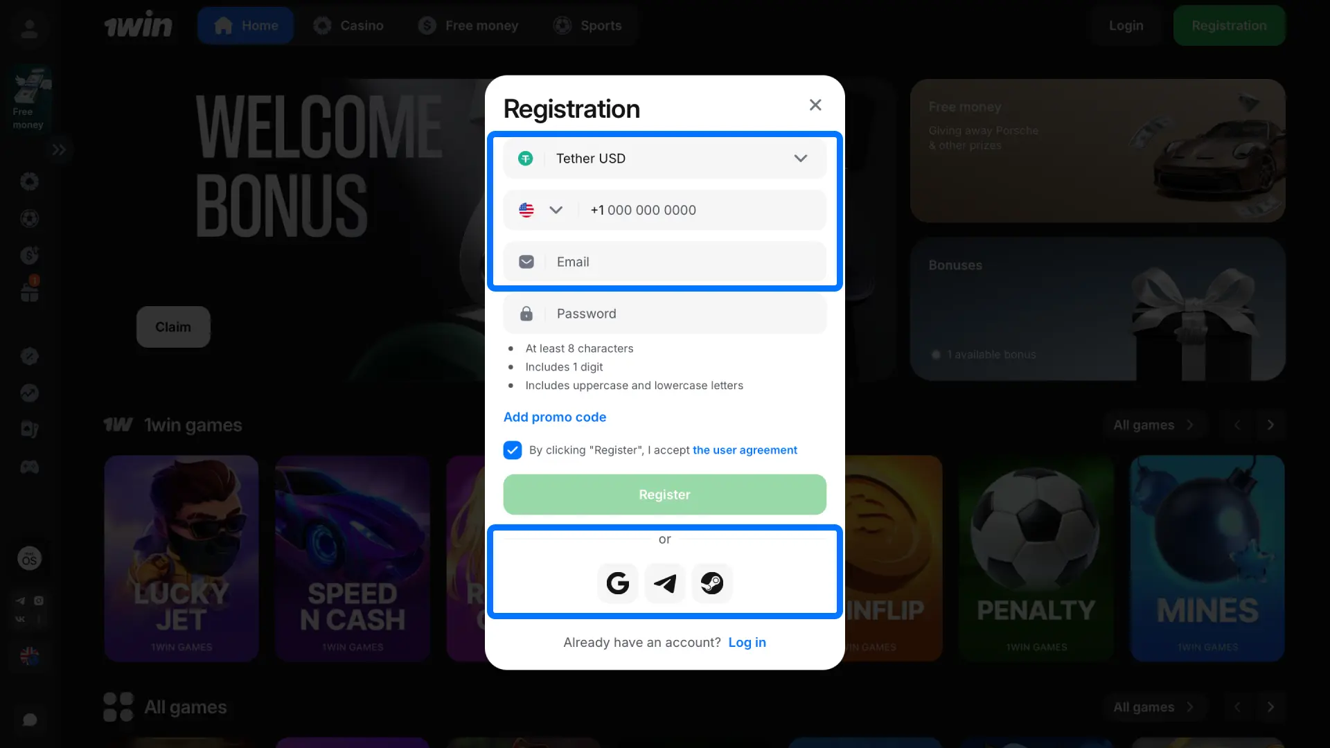 Choose quick registration or social network sign-up to create your 1win account.