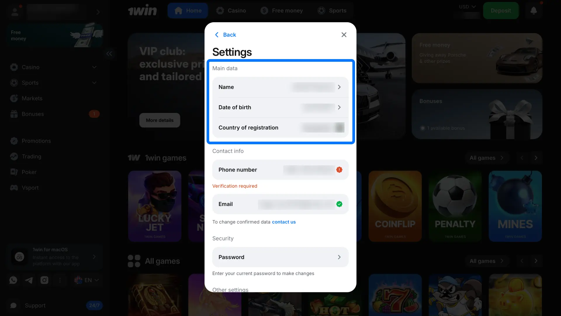 Upload clear pictures of your ID card or passport in the 1win verification section.