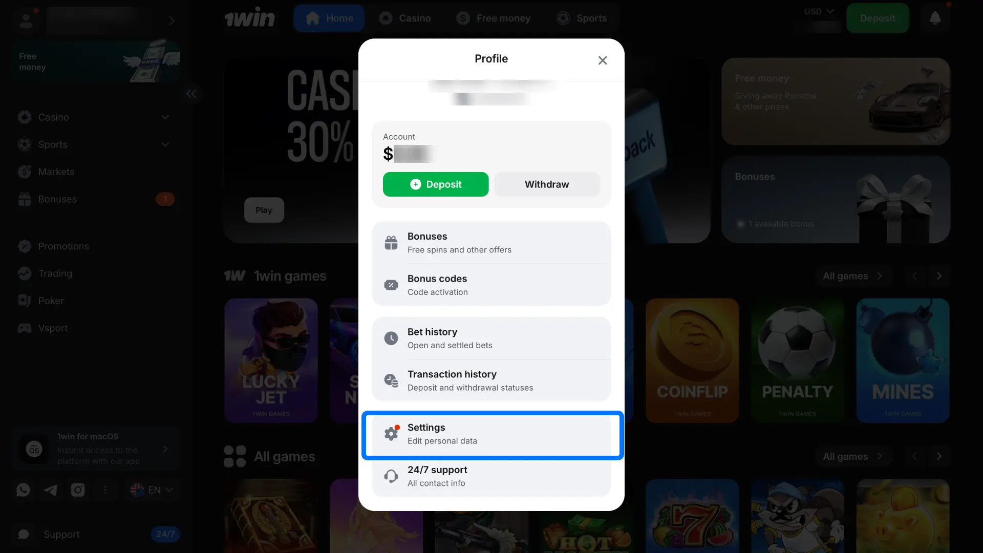 Go to settings on 1win and enter your full name and date of birth for verification.