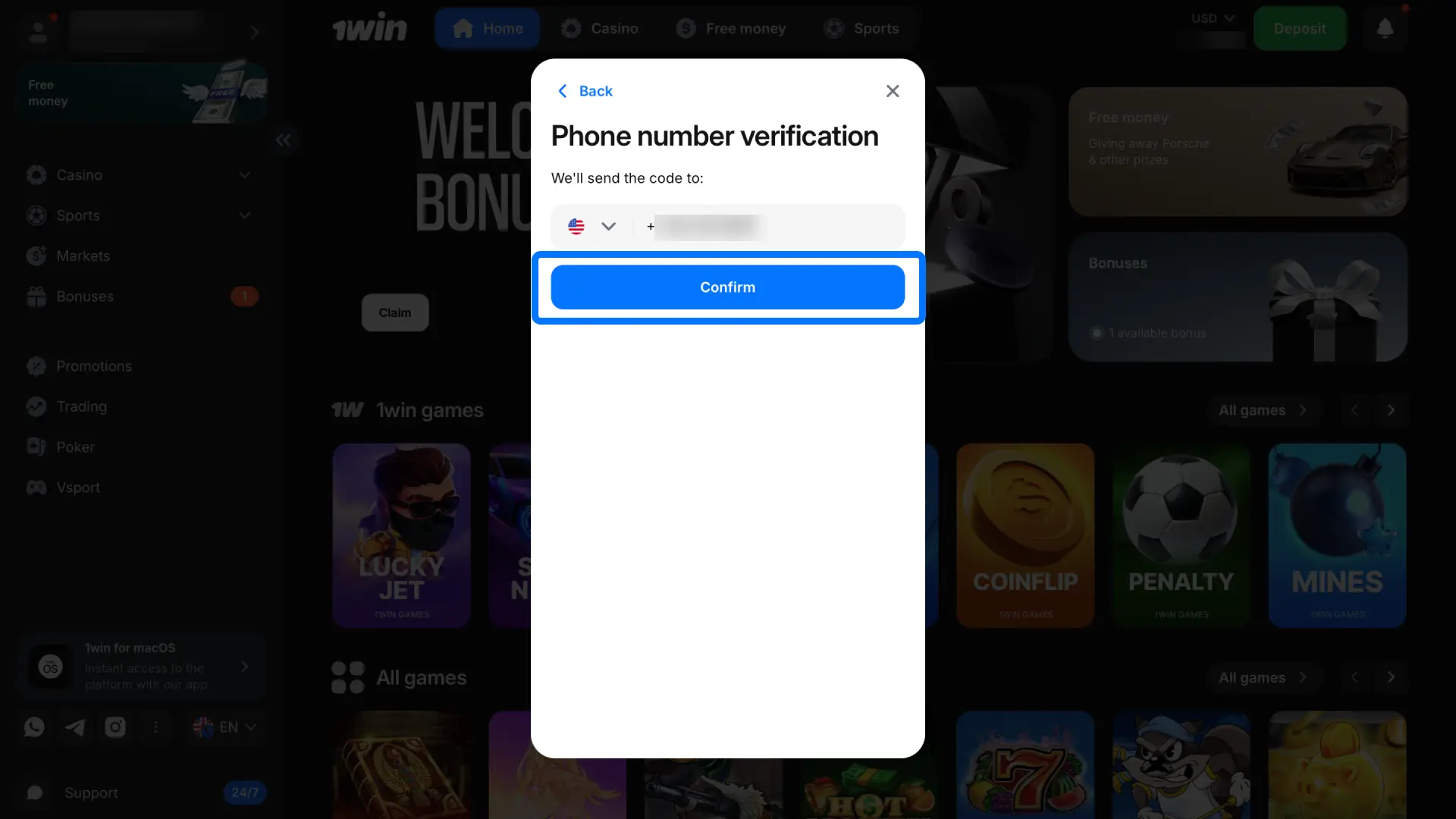Confirm your phone number and email through the verification links sent by 1win.