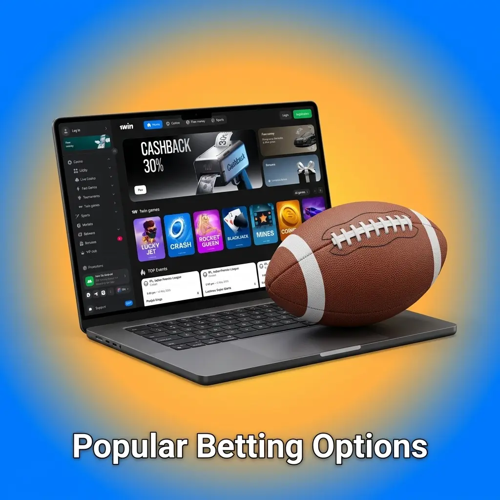 Popular betting options at 1win including pre-game lines, live betting, and multi live accumulators for Indian players