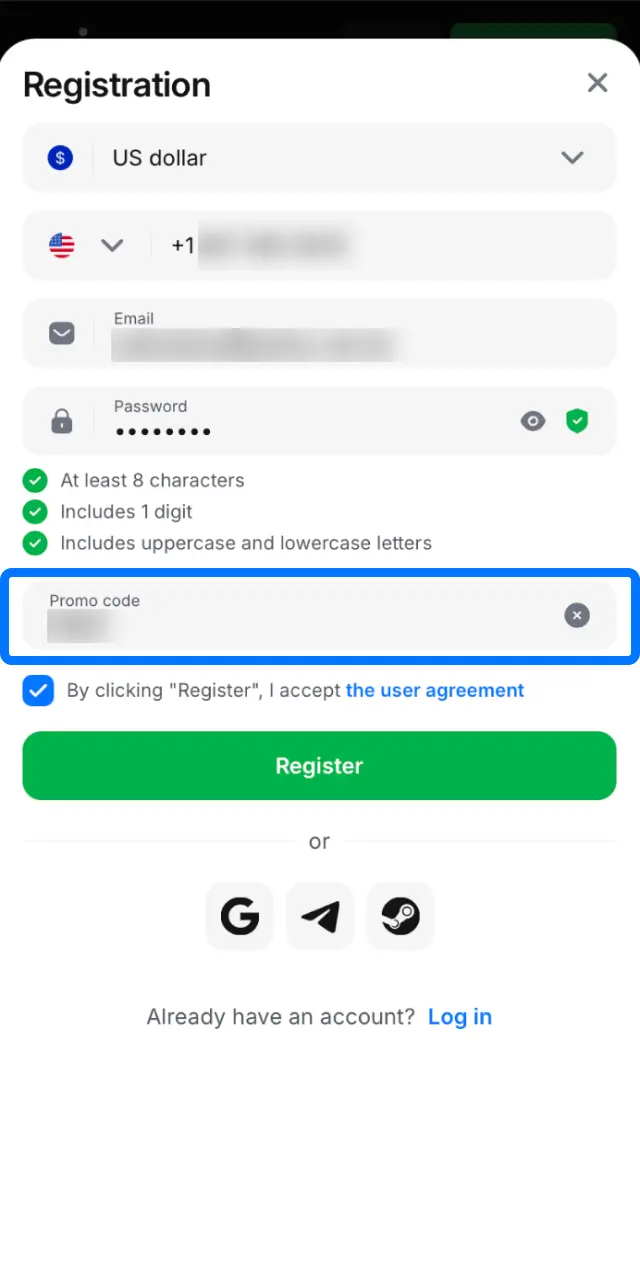 Click the plus sign on the 1win app and type your promo code to trigger bonus offers.
