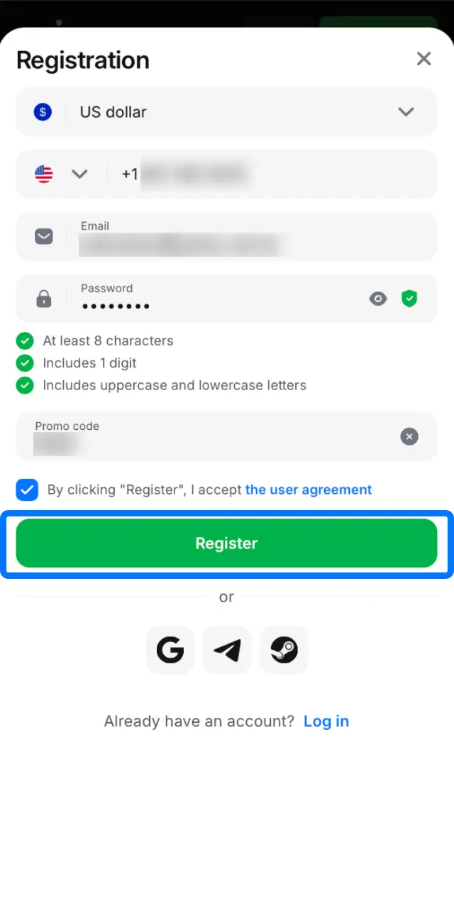 Review your data on the 1win app and tap the button to finish the account setup.