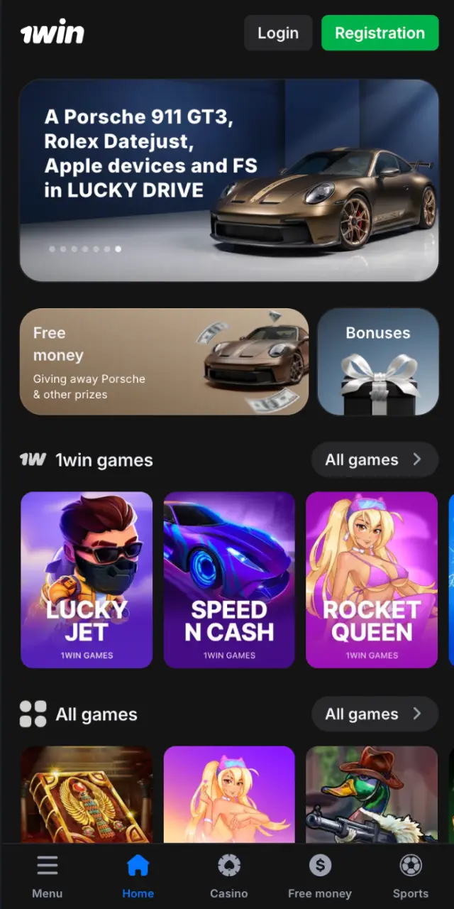 Launch the 1win app on your mobile device after installation to see login and sign-up options.