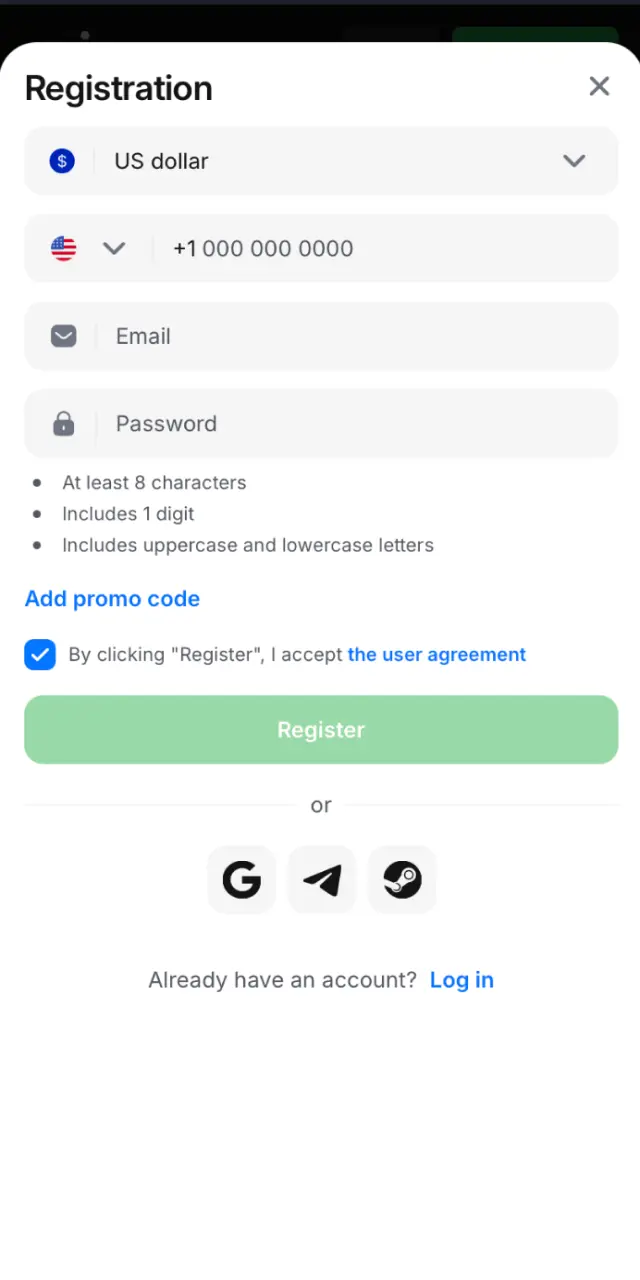 Find the registration link at the top of the 1win mobile interface to open the sign-up form.